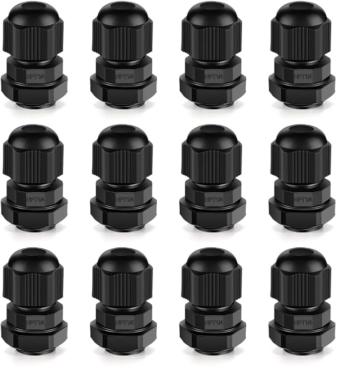 Cable Gland 12 Pack 1/4" NPT Waterproof Adjustable Connector Strain Relief Cord Connectors Joints Nylon with Gaskets…