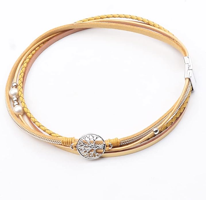 KSQS Tree of Life Leather Multi-Layer Wraps Bracelet,Boho Wide Buckle Wristband Bangle,Braided Cuff Bracelets for Women