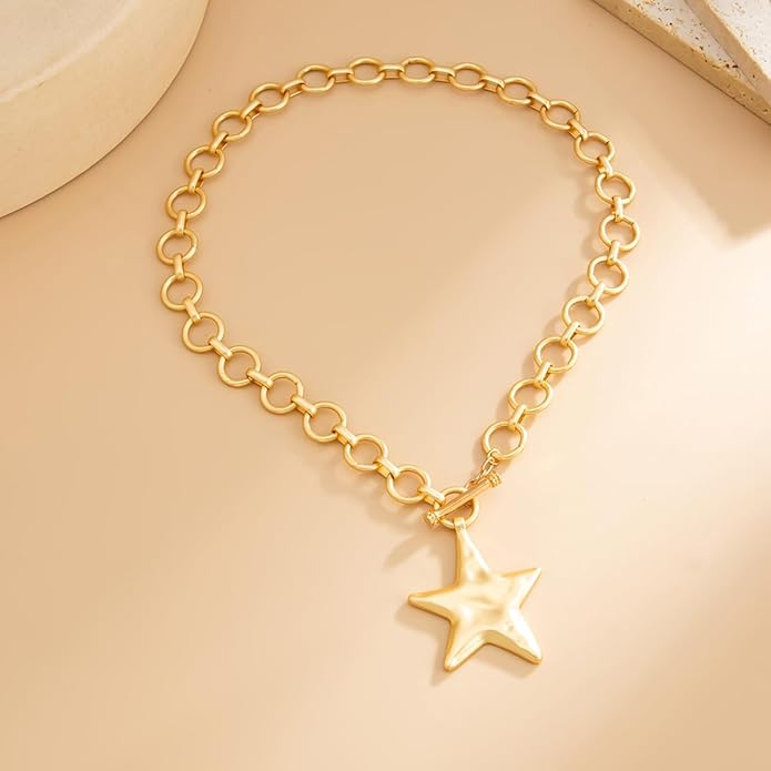 Large Star Necklace Chunky Gold Necklace for Women Trendy Silver Big Statement Necklaces Bold Thick Paperclip Necklaces OT Toggle Chunky Jewelry Holiday Christmas Jewelry Gifts Stocking Stuffers