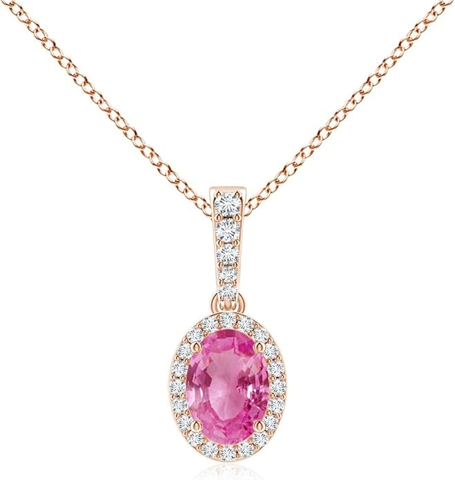 Angara Natural Pink Sapphire Pendant for Women | Vintage Style Oval Pink Sapphire Halo Pendant in 14K Solid Gold/Platinum With 18" Chain | Birthday, Anniversary, Gemstone Jewelry Gift