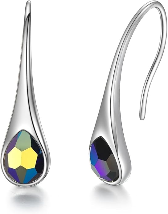 925 Sterling Silver Small Pear-Shaped Modern Style Hook Earrings with Crystals from Austria