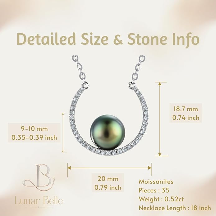 Lunar Belle 925 Silver Tahitian Black Pearl Pendant Necklace with Moissanite Halo, Gift for Wife Mother's Day Anniversary (Ocean Crescent)