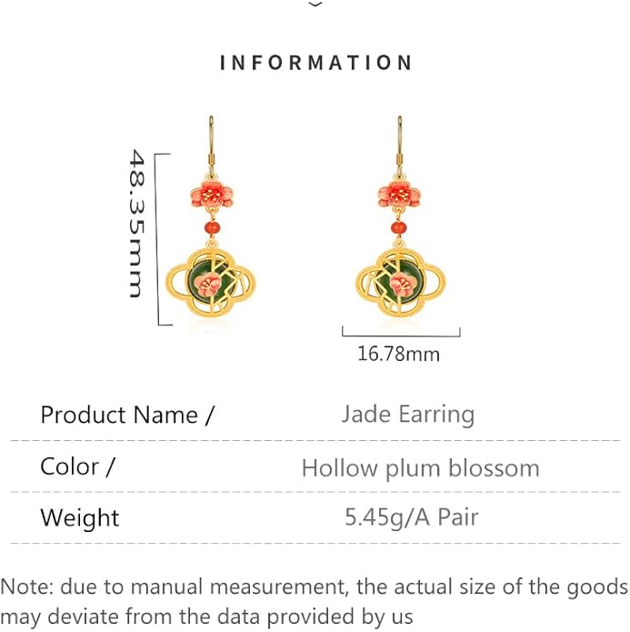 14K Gold over S925 Real Natural Jade Plum Blossom Earrings, Enamel Vintage Style Dangle Earrings, Delicate Jade Jewelry Gift for Wife's Elegance