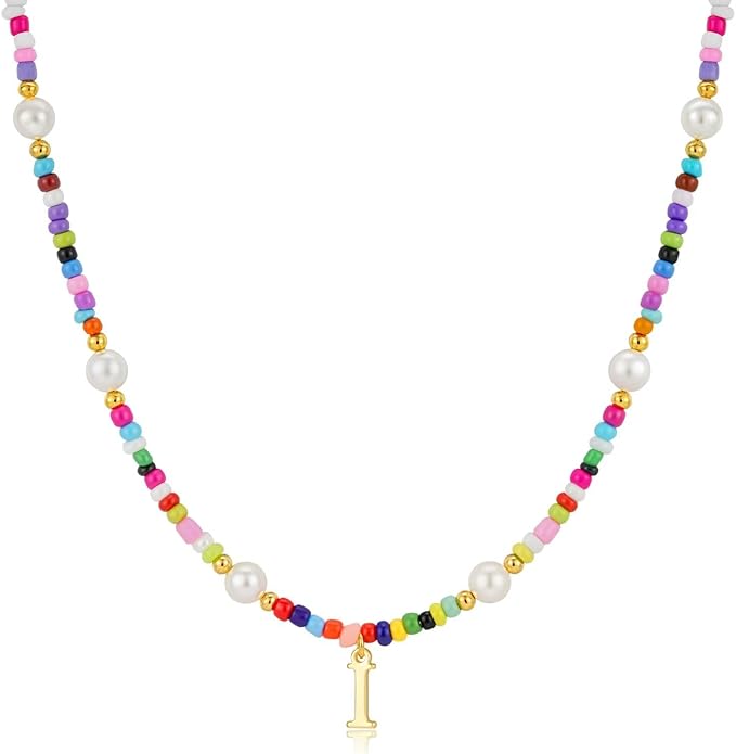 M MOOHAM Valentines Day Gifts for Kids Teen Girls - Colorful Initial Necklaces for Girls Women Kids, Beaded Pearl Choker Necklace for Women Trendy, Birthday Gifts Teenage Girl Teen Kid Jewelry