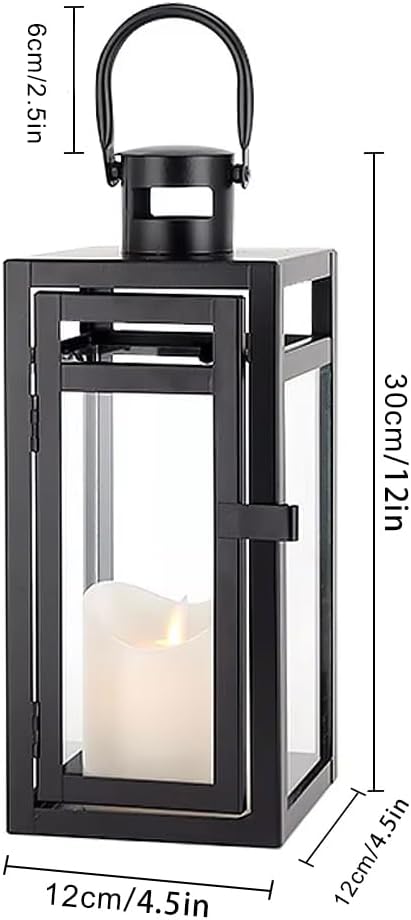 TRIROCKS Set of 2 Metal Candle Lantern 12'' High Decorative Outdoor Lantern Hanging Lantern with Tempered Glass for Christmas Home Living Room Parties Events Tabletop Indoors Outdoors(Black Matte)