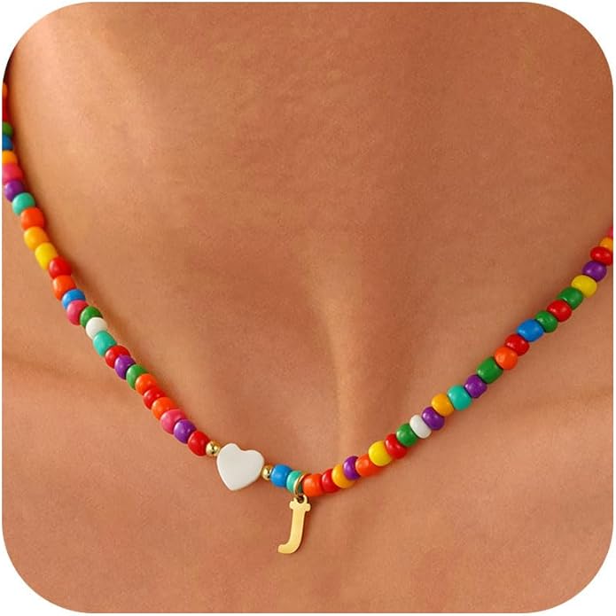Valentines Day Gifts for Kids Women Girls - Colorful Beaded Initial Necklace Teen Girls Trendy Stuff Dainty Letter A-Z Choker Necklace Valentines Day Gifts for Her Mom Jewelry
