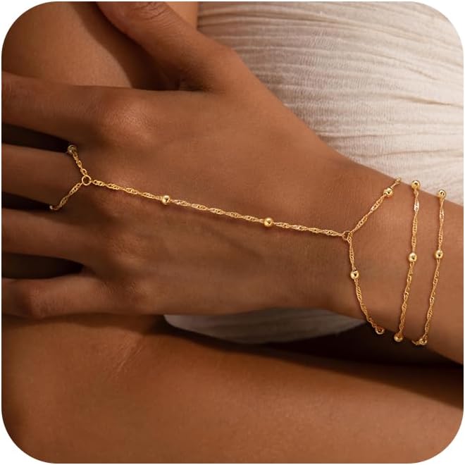 Valentine Gift 14K Gold Plated Hand Chain Bracelet for Women Trendy, 2 Pcs Stackable Gold/Silver Finger Ring Bracelet Hand Chain Dainty Non Tarnish Waterproof Set Jewelry Adjustable 7'+2