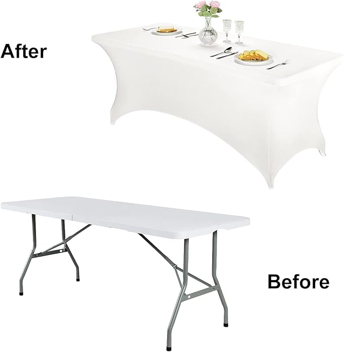 FORLIFE 2Pack Spandex Table Covers，Fitted Tablecloth for Rectangular Tables, Stretch Patio Table Covers, Universal Spandex Table Cover for Wedding, Banquet, Party (8ft, White)