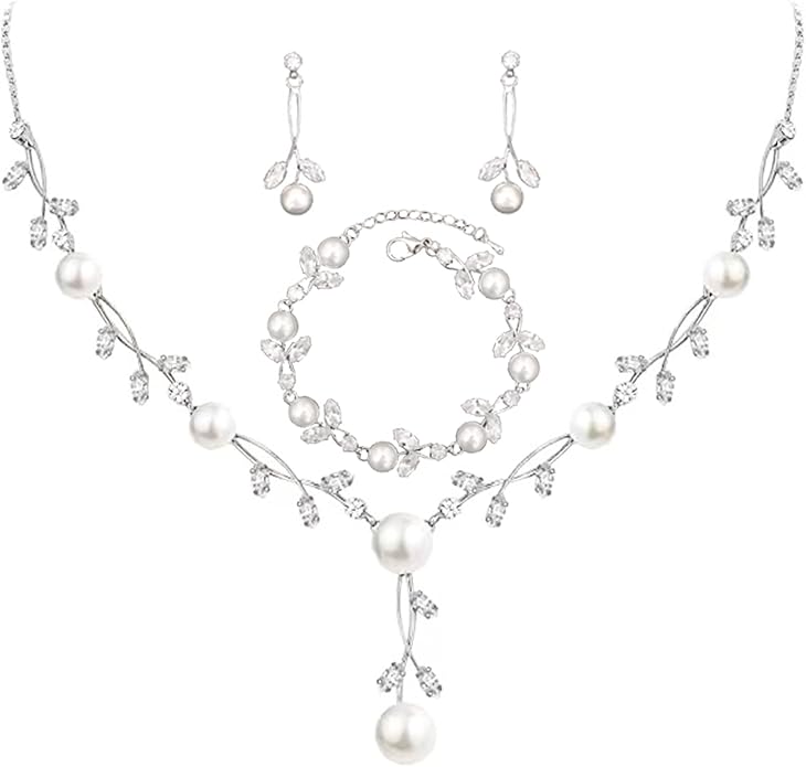 Luxury Cubic Zirconia Aurtrian Crystal Pearl Floral Necklace Dangle Earrings Wedding Bridal Jewelry Set Birthday Gifts for Her