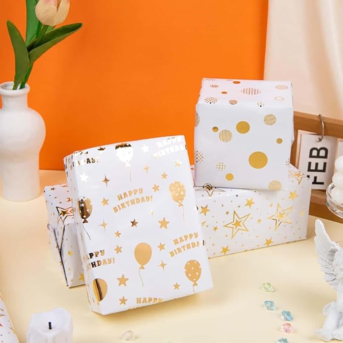 Linnoptimix Birthday Wrapping Paper Rolls -3 LARGE ROLL-27inch*78 inch per roll Colorful Foil wrapping paper(Birthday 3 White/Gold（008）)