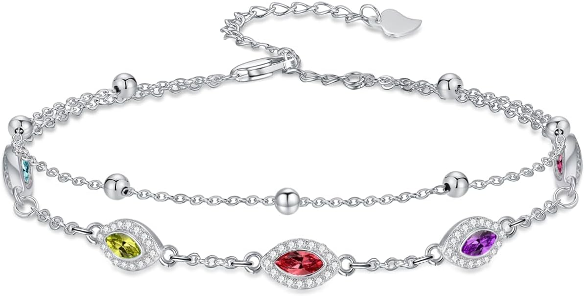 Evil Eye Birthstone Charm Link Bracelet 925 Sterling Silver Evil Eye Bracelet with 12 Months Birthstone Birthday Jewelry Gifts for Women Mom Her,Chain Length 7"+2" Extend
