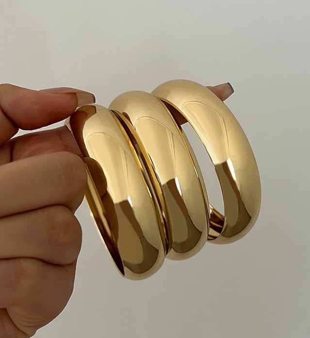 Chunky Gold Bangle Bracelets for Women, Dainty 14k Gold Plated Big Stackable Bangles Set, Trendy Statement Cuff Bracelet Stack Fashion Jewelry Christmas Gifts