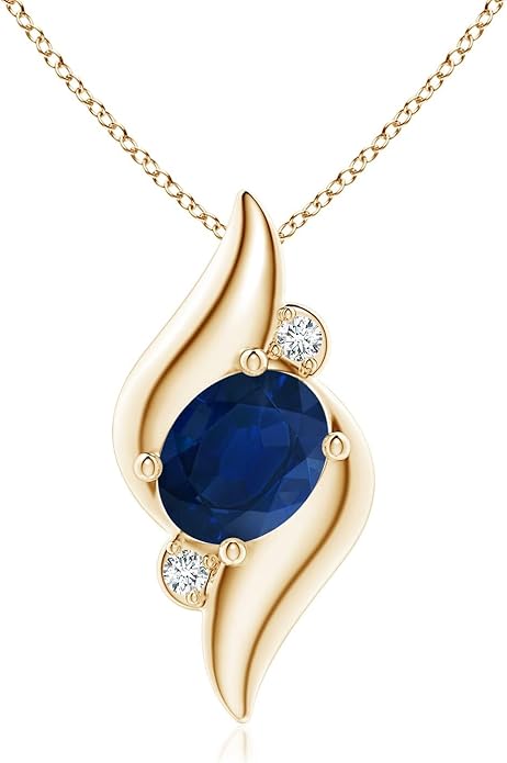 Angara Natural Blue Sapphire Pendant for Women | Shell Style Oval Sapphire and Diamond Pendant in 14K Solid Gold/Silver/Platinum With 18" Chain | September Birthday, Gemstone Jewelry Gift