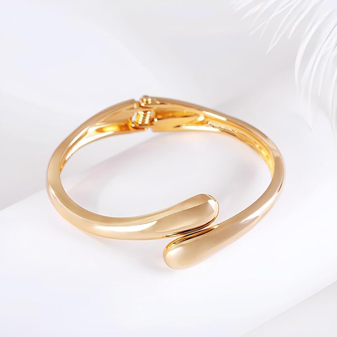 Golden Polished Chunky Twisted Hinged Waterdrop Bangle Bracelet for Women Spiraled Oval Bangle Bracelet