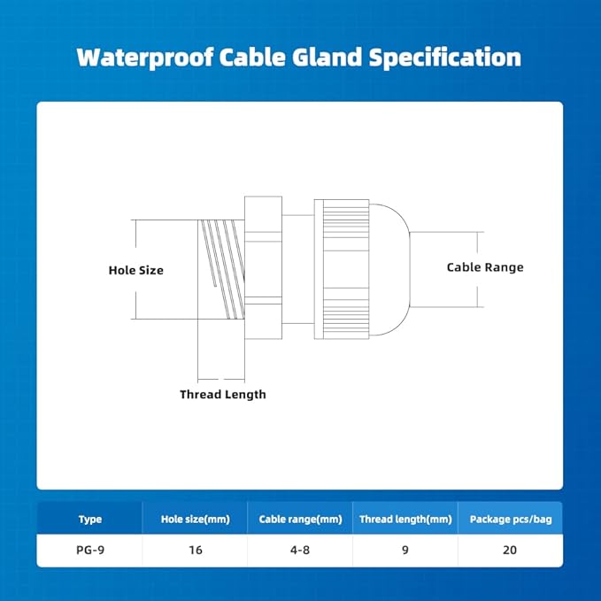 Cable Gland 20 Pack Plastic Waterproof Adjustable Connector 4-8mm PG9 Strain Relief Cord Connectors Joints Nylon with Gaskets