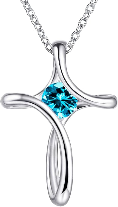 Cross Necklace for Women, 925 Sterling Silver Birthstone Necklace for Women with Diamond Sideways Cross Necklaces Birthstone Jewelry Birthday Gifts for Womens
