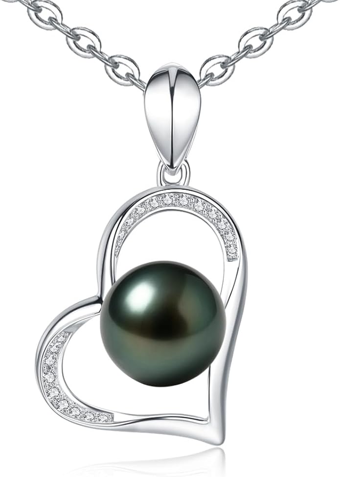 Genuine Tahitian Black Pearl Necklaces for Women, 9-12mm AAAA Seawater Pearl - Sterling Silver Moissanite Pendant, Wedding Anniversary, Birthday, Christmas Gift for Wife, Mom, Girlfriend, Fine Jewelry