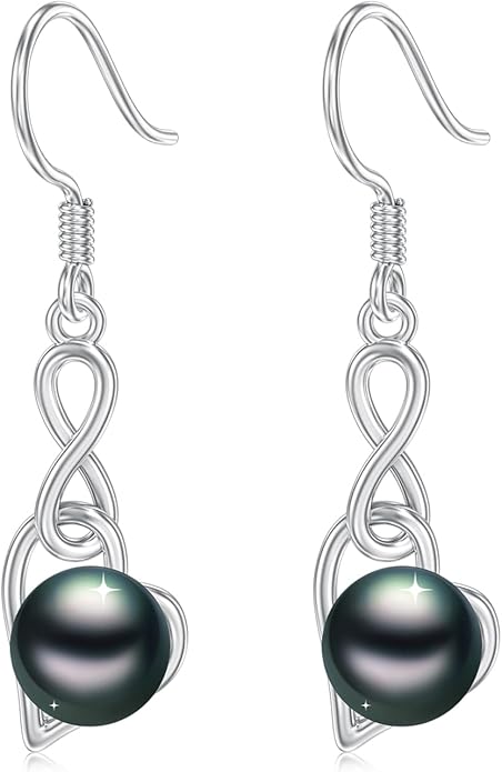 Tahitian Black Pearl Earrings Gifts for Women Wife Celtic Dangle Drop Earrings Wedding Birthday Anniversary Jewelry Valentines Christmas Day Gifts 925 Sterling Silver