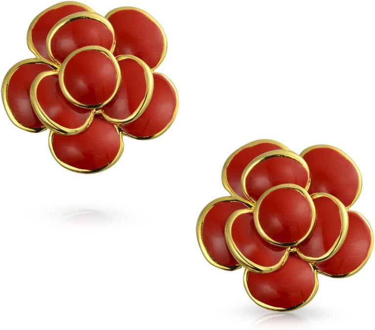 Pink Red Enamel Flower Crystal Edge Spring Retro Floral Rose Clip On Earrings For Women Non Pierced Ears 14K Gold Plated
