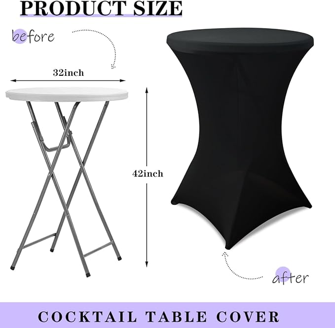 HAORUI 10 Pack Spandex Cocktail Table Covers, Fitted Round Highboy Stretch Table Cloths for Party, Bar, Wedding, Birthday, Banquet (Black, Fit for 30-32" Diameter x 42" Height Tables)