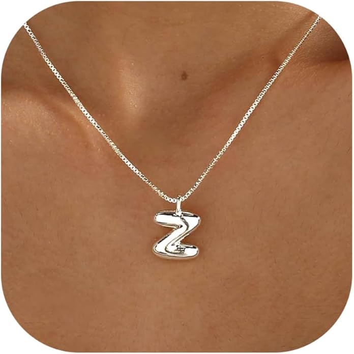 Bubble Gold Silver Letter Necklace Initial Necklaces for Women Trendy 14K Dainty Charm Pendant Name Necklace Personalized Jewelry Gift for Women Teen