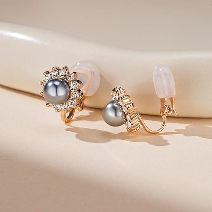 EVEVIC Austrian Crystal Pearl Clip On Earrings for Women Non Pierced Earings 14K Gold Plated Hypoallergenic Jewelry