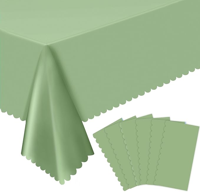 6 Pack Plastic Sage Green 54 X 108Inch Disposable Easter Scalloped Table Cloth, Waterproof Covers for Rectangle Table – Spring BBQ Picnic Wedding Bridal Shower Baby Shower Tea Party