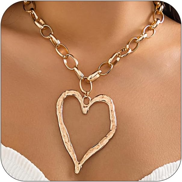 Bold Big Chunky Gold Heart Necklace for Women, Unique Large Thick Hollow Love Heart Pendant Chain Choker Necklaces Punk Party Prom Y2K Jewelry Gifts