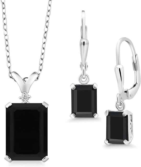 Gem Stone King 9-13 Cttw Pendant and Earrings Jewelry Set For Women | Emerald Cut 14X10MM and 8X6MM | Round 1.5MM | Gemstone Birthstone and Diamond | 925 Sterling Silver | 18 Inch Silver Chain