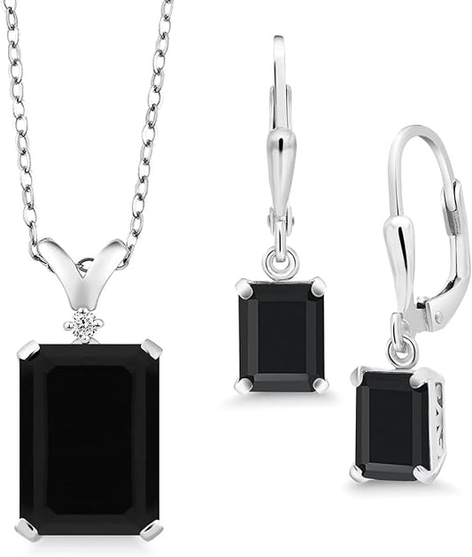 Gem Stone King 9-13 Cttw Pendant and Earrings Jewelry Set For Women | Emerald Cut 14X10MM and 8X6MM | Round 1.5MM | Gemstone Birthstone and Diamond | 925 Sterling Silver | 18 Inch Silver Chain