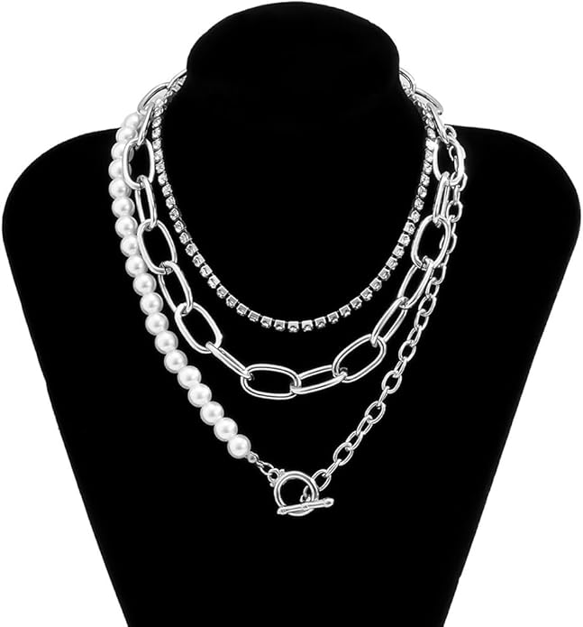 Women Multilayer Silver Gold Dainty Pearls Layered Choker Necklaces Handmade Beads Fashion Chunky Pendant Multilayer Adjustable Layering Chain Gold Plated Necklaces Set for Women