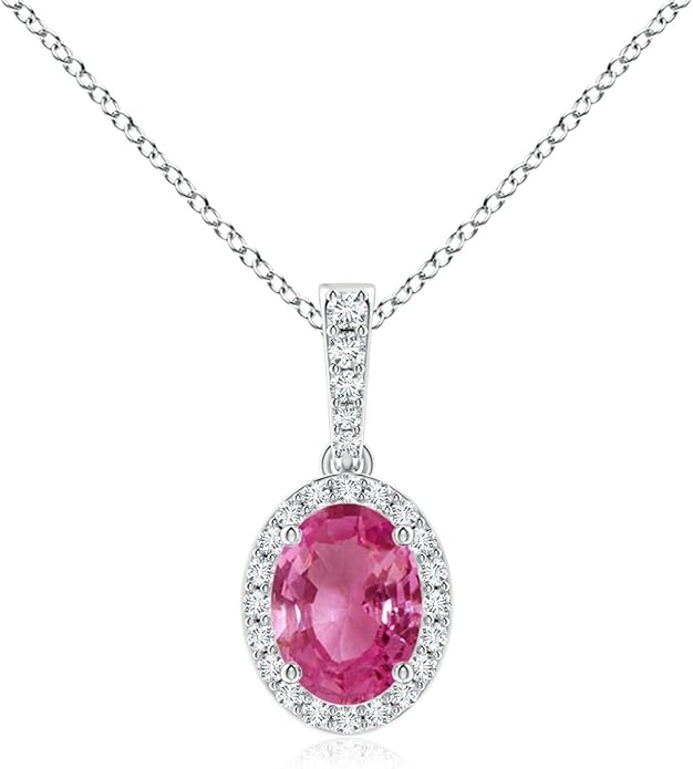 Angara Natural Pink Sapphire Pendant for Women | Vintage Style Oval Pink Sapphire Halo Pendant in 14K Solid Gold/Platinum With 18" Chain | Birthday, Anniversary, Gemstone Jewelry Gift