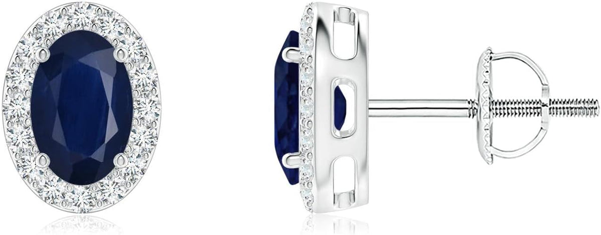 ANGARA Natural Blue Sapphire Earrings for Women | Prong-Set Oval Blue Sapphire Stud Earrings with Diamond Halo in 14K Solid Gold/Platinum | September Birthday, Anniversary, Gemstone Jewellery Gift