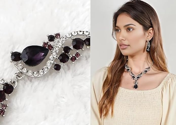 Secret for Longevity Silver Tone Antique Style Art Deco Dark Purple Eggplant Amethyst Rhinestone Statement Wedding Bridal Prom Chunky Statement Earrings Necklace Gift Set