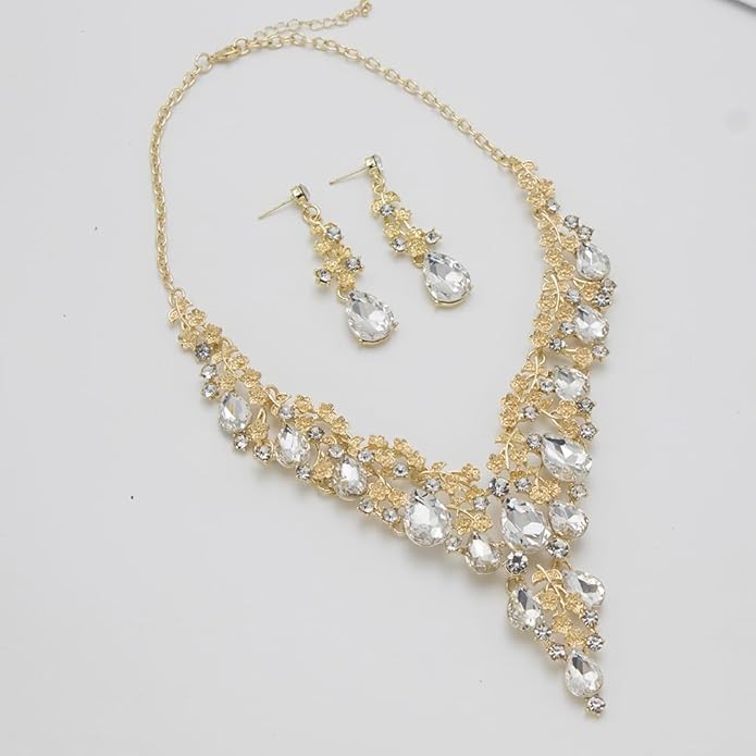 Bridal Bridesmaid Austrian Crystal Jewelry Set, Floarl rhinestone Statement Neckace Teardrop Necklace Drop Dangle Earrings Set
