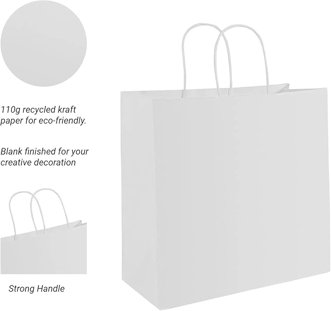 PAICUIKE 100Pcs White Paper Bags with Handles, Large 11x6x11 Inch Kraft Shopping Bags for Retail, Gift Packaging, Parties, Weddings, Birthdays, Baking