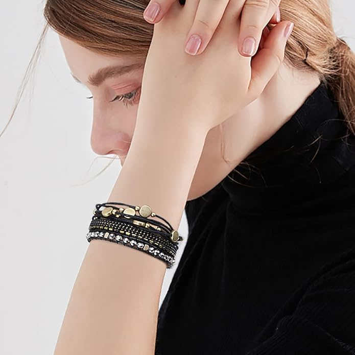Wowanoo 3Pack Leather Cuff Bracelet Set Multilayer Wrap Bracelet Crystal Feather Tree Bracelet Magnetic Clasp Bracelet for Women