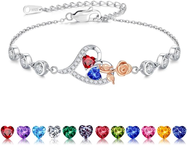 Iefil Valentines Day Gifts for Her - 925 Sterling Silver Rose Heart Birthstone Bracelets, Anniversary Birthday Gifts for Women Wife Mom Daughter, 6"+2"