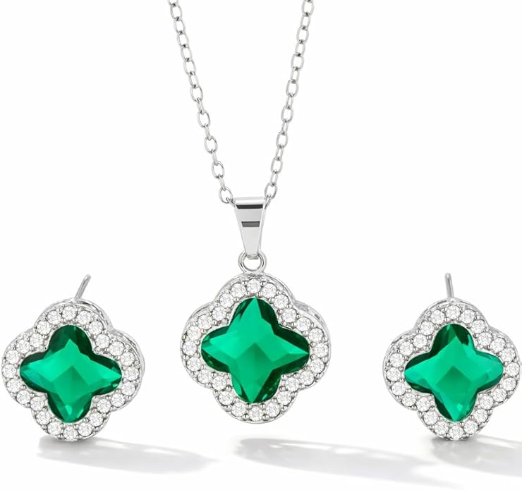 Four Leaf Clover Necklace and Earrings Set for Women, Clover Jewelry Set with Pendant Necklace and Stud Earrings, Brilliant Cubic Zirconia, Polished Metal Setting, Hypoallergenic, & Lightweight