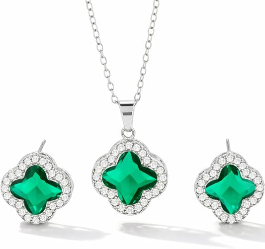 Four Leaf Clover Necklace and Earrings Set for Women, Clover Jewelry Set with Pendant Necklace and Stud Earrings, Brilliant Cubic Zirconia, Polished Metal Setting, Hypoallergenic, & Lightweight