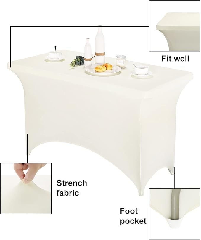 FORLIFE 2Pack Spandex Table Covers，Fitted Tablecloth for Rectangular Tables, Stretch Patio Table Covers, Universal Spandex Table Cover for Wedding, Banquet, Party (4ft, Ivory)