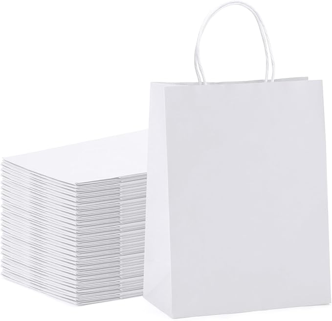 METRONIC 100 Pcs 8x4.25x10.5 Inch Paper Gift Bags White, Gift Wrap Bags with Handles, Kraft Paper Bag for Small Business, Heavy Duty Bulk Bag for Birthday Party Favors, Shopping, Retail