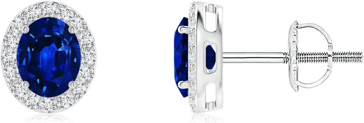 ANGARA Natural Blue Sapphire Earrings for Women | Prong-Set Oval Blue Sapphire Stud Earrings with Diamond Halo in 14K Solid Gold/Platinum | September Birthday, Anniversary, Gemstone Jewellery Gift