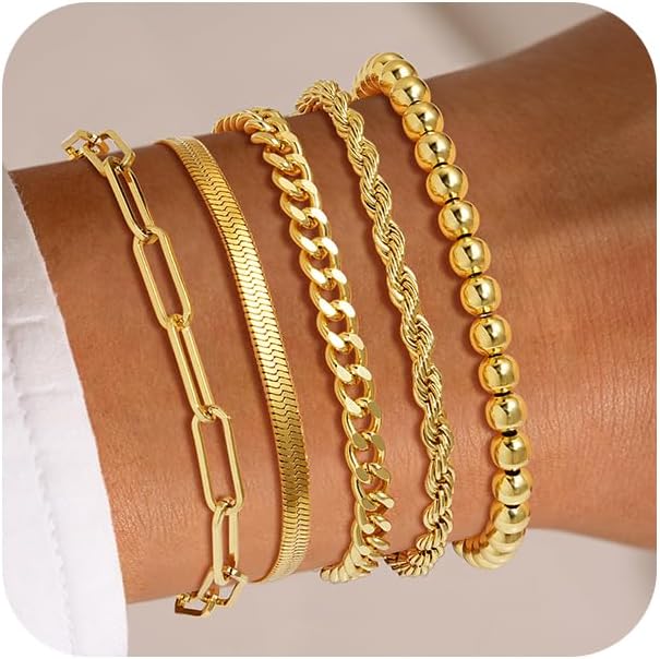 Howoo Gold Bracelets for Women Beaded Initial Bracelet Stack Dainty Heart Stretch Gold Charm Bracelet Jewelry for Women Trendy