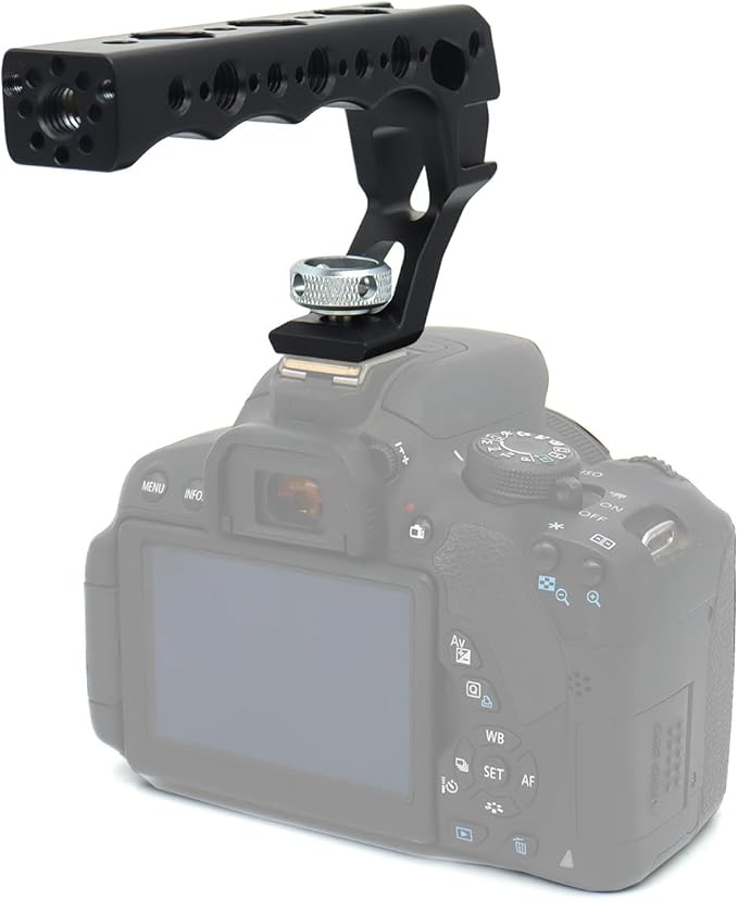 Universal Top Handle with Quick Release NATO Grip with NATO Rail for DSLR Camera Cage, with 3 Cold Shoe Adapters to Mount DSLR Camera with Microphone/LED Light/Monitor (Red with NATO Rail)