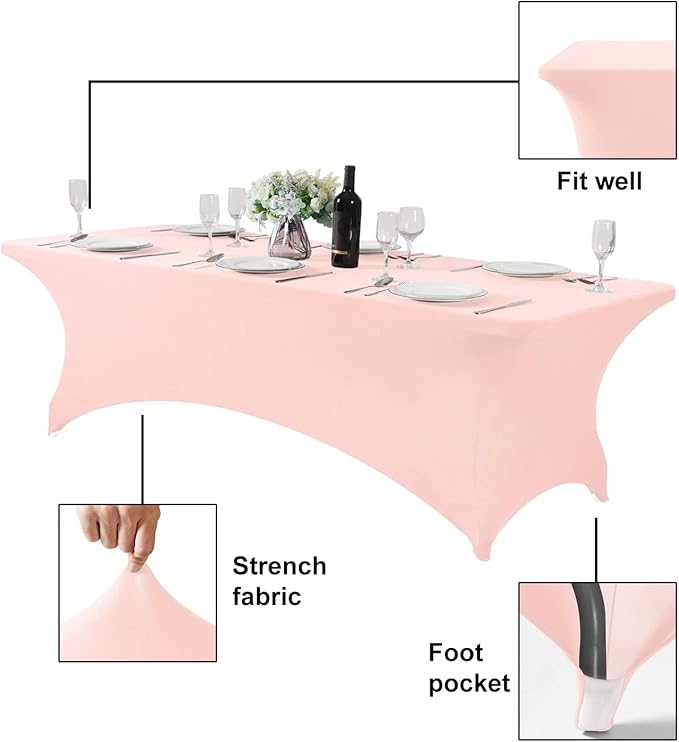 FORLIFE 4Pack Spandex Table Covers，Fitted Tablecloth for Rectangular Tables, Stretch Patio Table Covers, Universal Spandex Table Cover for Wedding, Banquet, Party (8ft, BlushPink)