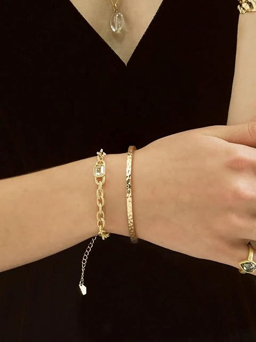PERNNLA PEARL Dainty Gold Bar Bracelet for Women Simple Delicate Thin Cuff Bangle Hook Bracelet 18K Gold Plated Handmade Minimalist Jewelry