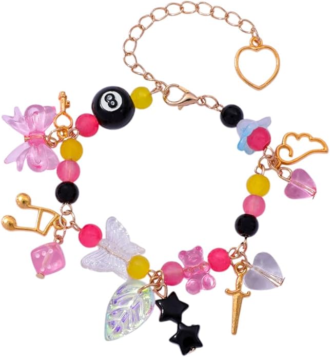 Black 8 Ball Charm Bracelet - Y2K Bow Dopamine Leaf Star Bracelets - Gift for Sister Bestie Friend