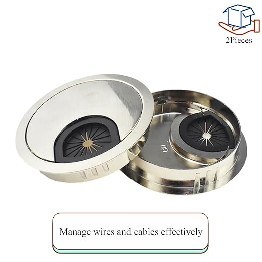 HAHIYO 2Pcs 2.4Inch/60mm Brushed Silver Zinc Alloy Desk Grommet Wire Grommet Cable Management Cord Hole Cover Desk Wire Hole Insert Wire Organizer for Computer Office Home School Equipment Systems