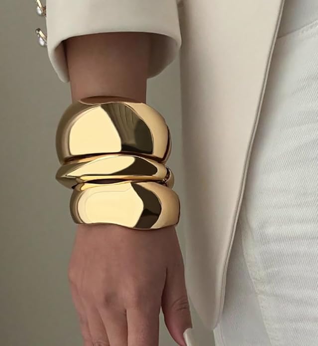 Chunky Gold Bangle Bracelets for Women, Dainty 14k Gold Plated Big Stackable Bangles Set, Trendy Statement Cuff Bracelet Stack Fashion Jewelry Christmas Gifts